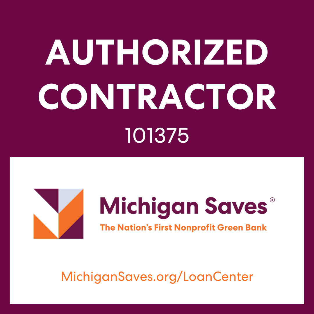 Image features the text "Authorized Contractor 101375" above the Michigan Saves logo, tagline "The Nation’s First Nonprofit Green Bank," and website MichiganSaves.org/LoanCenter—your source for roof financing options. From Green Built Roofing in Michigan.