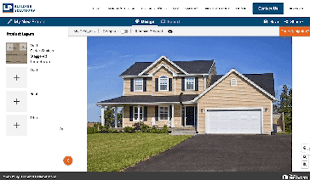 A two-story tan house with a double garage and dark roof displayed on a home design software interface. From Green Built Roofing in Michigan.