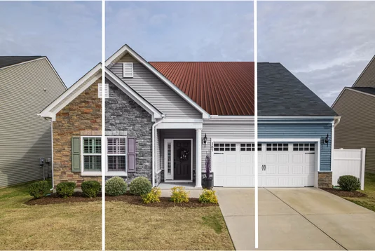 A single-story house exterior is divided into three sections, each showing different siding and roof materials and colors, with a driveway and small front garden. From Green Built Roofing in Michigan.