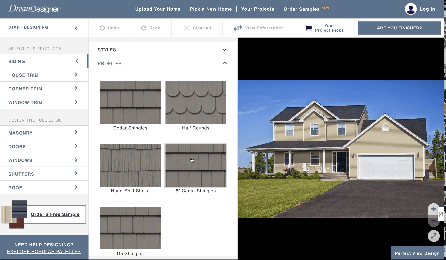 A home exterior design software interface shows different roof shingle options on the left and a preview of a two-story house with gray shingles on the right. From Green Built Roofing in Michigan.