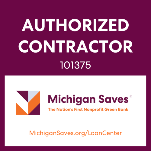 Image features the text "Authorized Contractor 101375" above the Michigan Saves logo, tagline "The Nation’s First Nonprofit Green Bank," and website MichiganSaves.org/LoanCenter—your source for roof financing options. From Green Built Roofing in Michigan.
